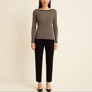 Women’s Ribbed Knit Sweater M Black Tan Grid Check Stretch Long Sleeve NWT $60